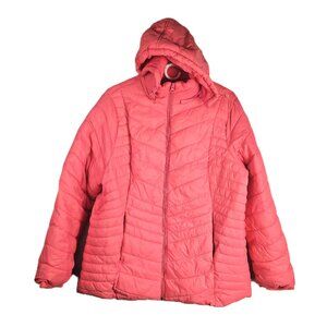Xersion Puffer Jacket Womens 1X Bright Pink Removable Hood Zippered Pockets Plus